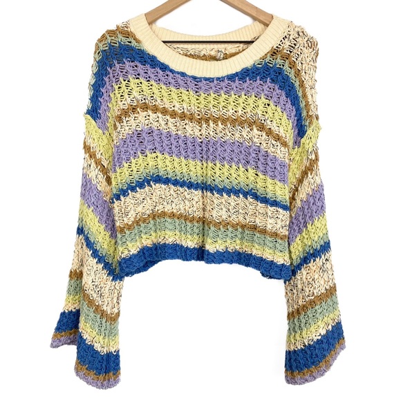 Free People Aloha Striped Crochet Chunky Knit Cropped Sweater, Rainbow - Size S - Picture 2 of 6